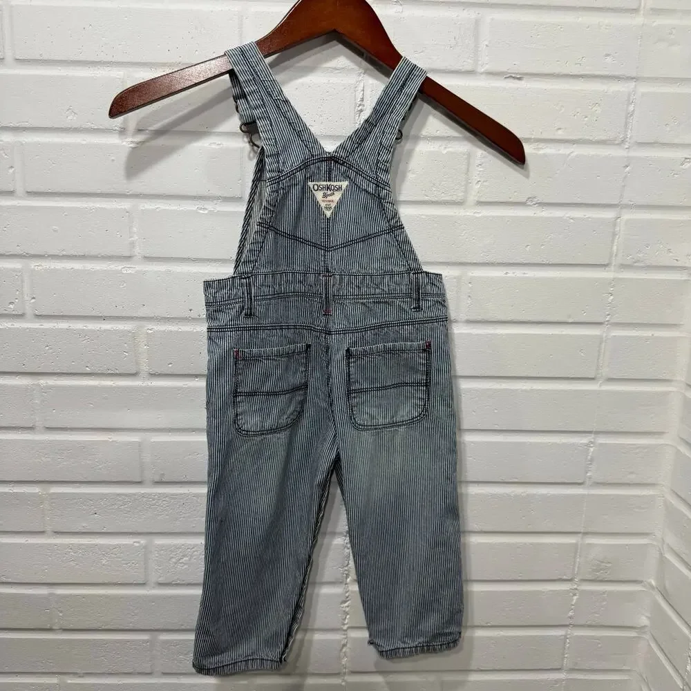 OshKosh BGosh Hickory Stripe Denim Bib Overalls Blue Pink Girls‎ 24 Mos Railroad
